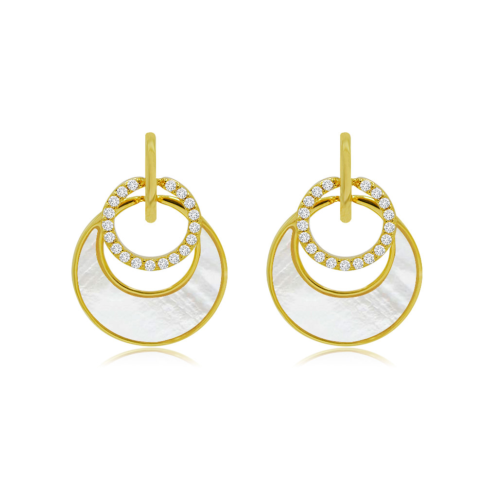 Round CZ With Round Shell Dangle Earrings